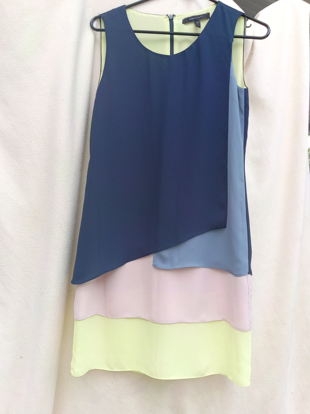 BCBG Navy, Light Blue, Pastel Pink & Lemon Layered Asymmetrical Dress